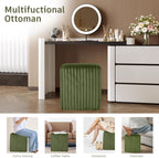 YDcosyfy Modern Square Ottoman, Vertical Channel Tufted Foot Stool Ottoman, Velvet Upholstered Vanity Stool for Makeup, Bedroom, Living Room, Dark Green