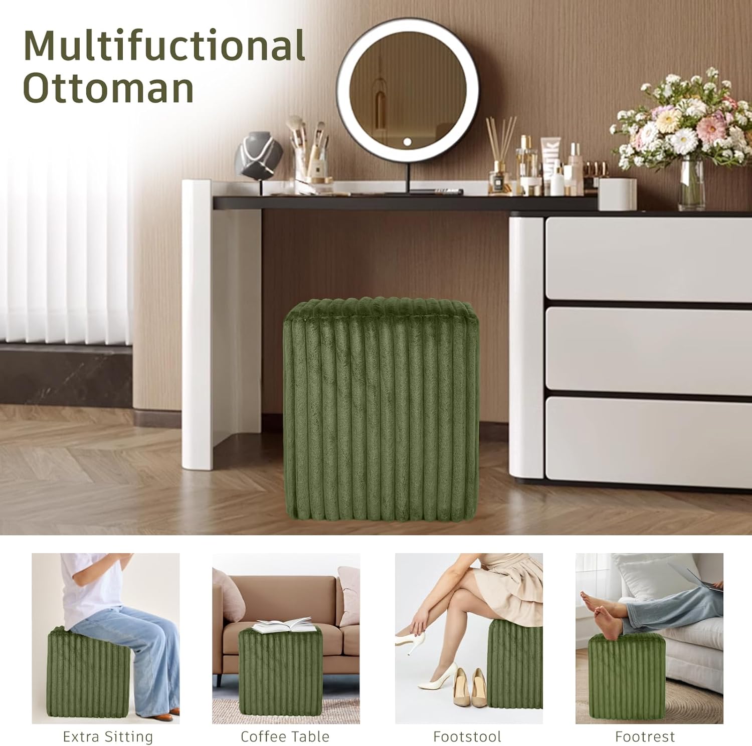 YDcosyfy Modern Square Ottoman, Vertical Channel Tufted Foot Stool Ottoman, Velvet Upholstered Vanity Stool for Makeup, Bedroom, Living Room, Dark Green