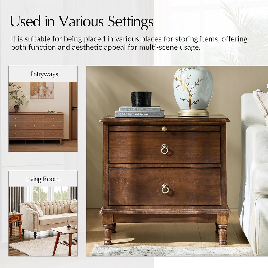 Traditional Solid Wood End Table with Charging Station, USB & Type C Ports, Curved Side Table with 2 Drawers & Pull-Out Tray, Accent Living Room Beside Tables, Walnut