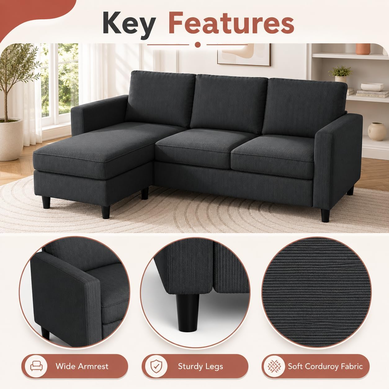 73.6" Convertible Sectional Sofa Couch with Reversible Ottoman, Modern 3-Seater L-Shaped Couch for Small Spaces, Compact Sofa for Studio Apartment, Living Room & Office, Easy Assembly (Gray)