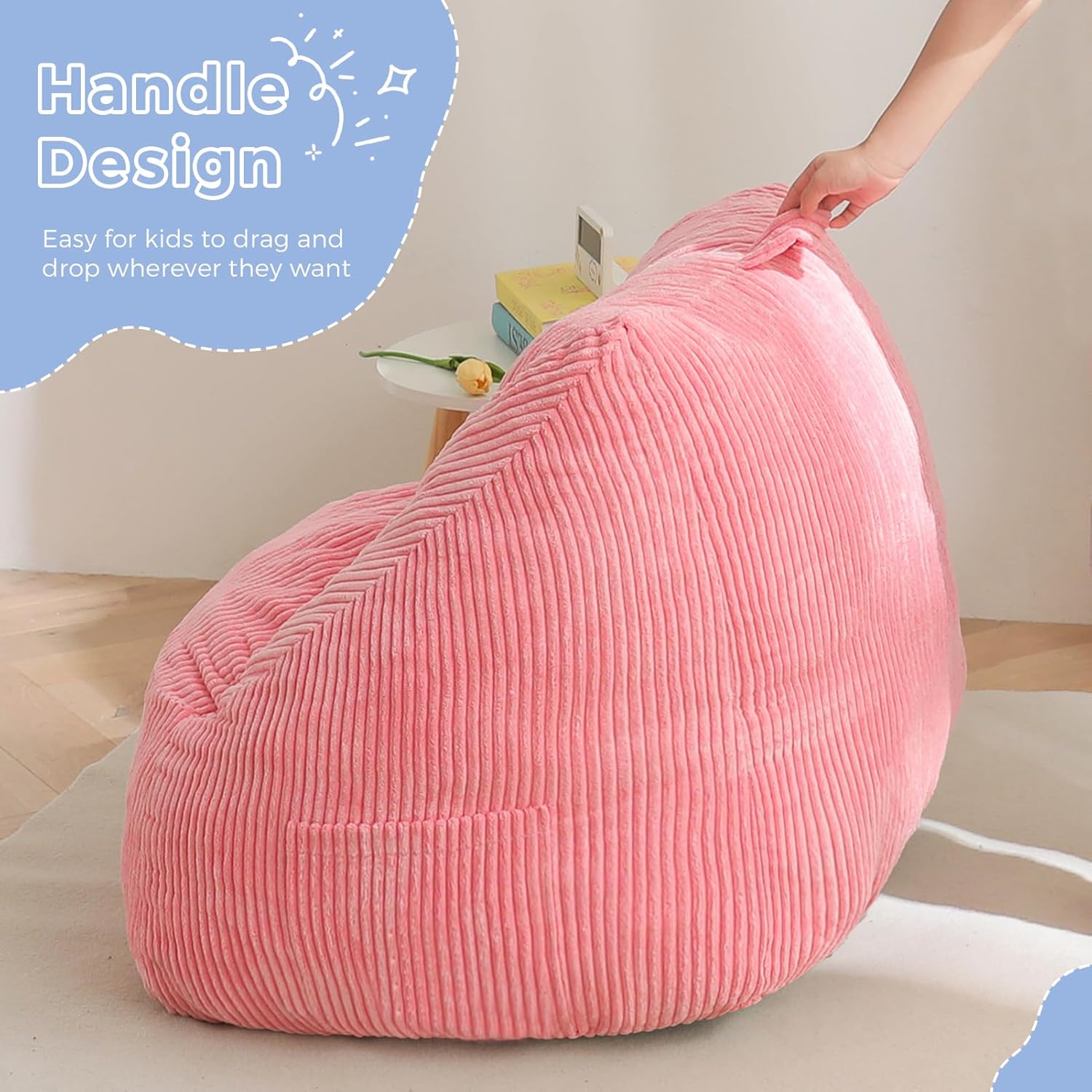 MAXYOYO Kids Bean Bag Chair, Bean Bag Couch with Handle, Comfy Toddler Chair for Boys and Girls, Accent Sofa Chair with Pocket for Gaming Reading Relaxing, Pink