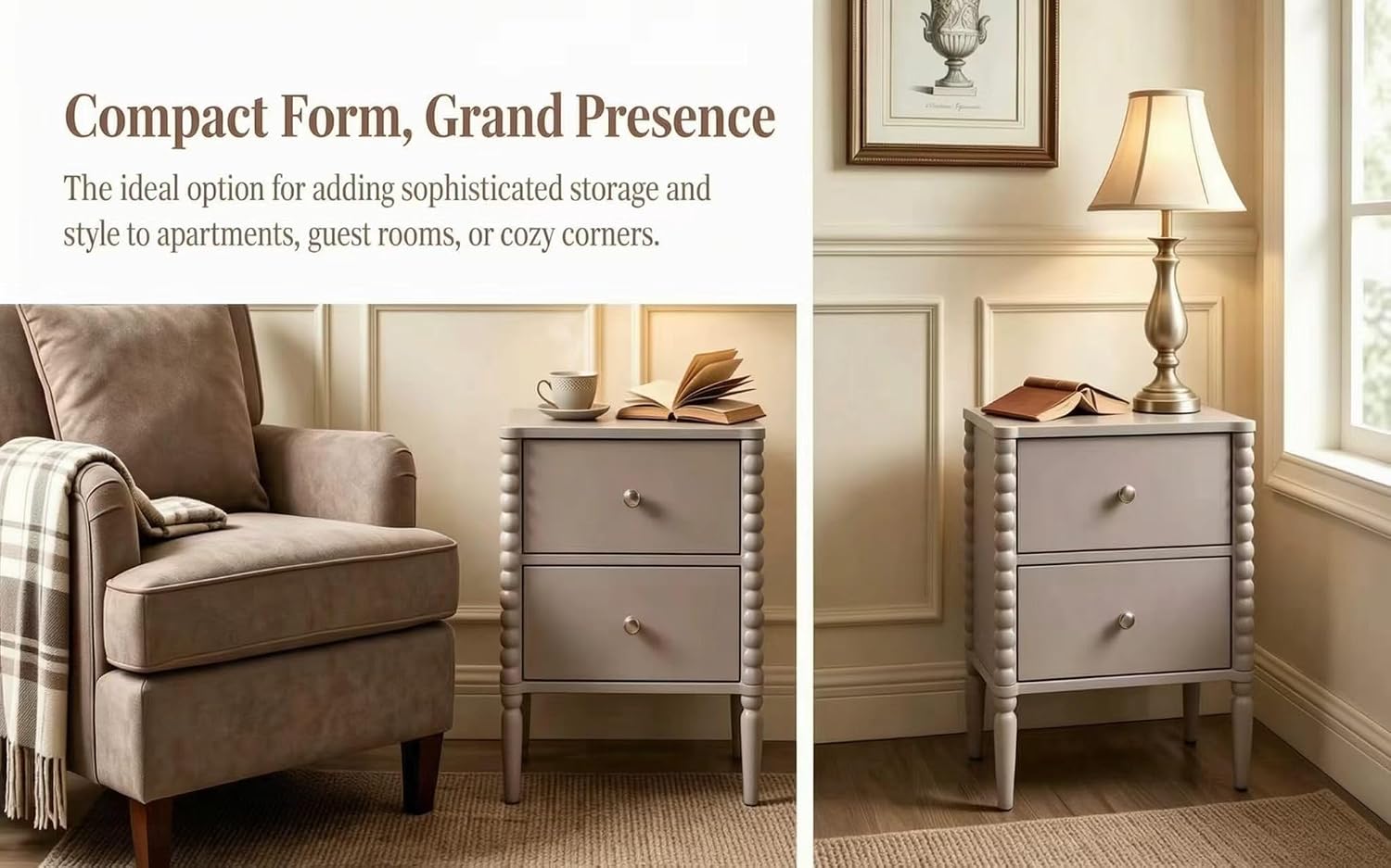 2-Drawer Nightstand, Modern Bedside Table with Silver Handles, 19.69" W × 15.75" D × 21.65" H, Kashmir MDF Cabinet with Wood Legs, End Table for Bedroom Living Room