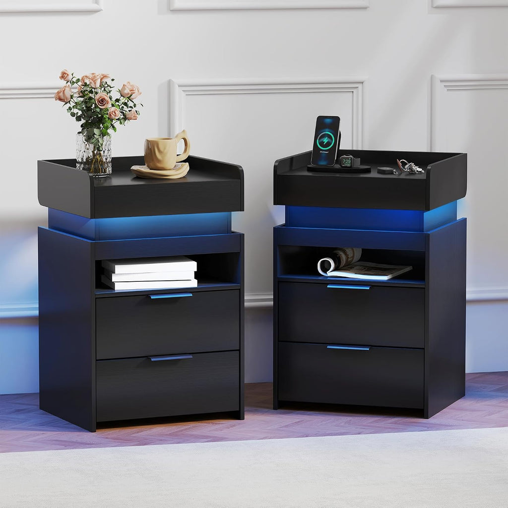 Turosur Black Nightstands Set of 2 with Charging Station and LED Lights, Modern Beside Table with USB and Type-C Port for Bedroom