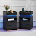 Turosur Black Nightstands Set of 2 with Charging Station and LED Lights, Modern Beside Table with USB and Type-C Port for Bedroom