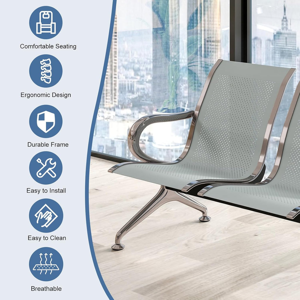 kinbor Waiting Room Chairs - Durable Reception Bench with Armrests, 2-Seat Office Reception Guest Chairs for Office, Hospital, Airport, Bank & Lobby (Gray, Set of 2)
