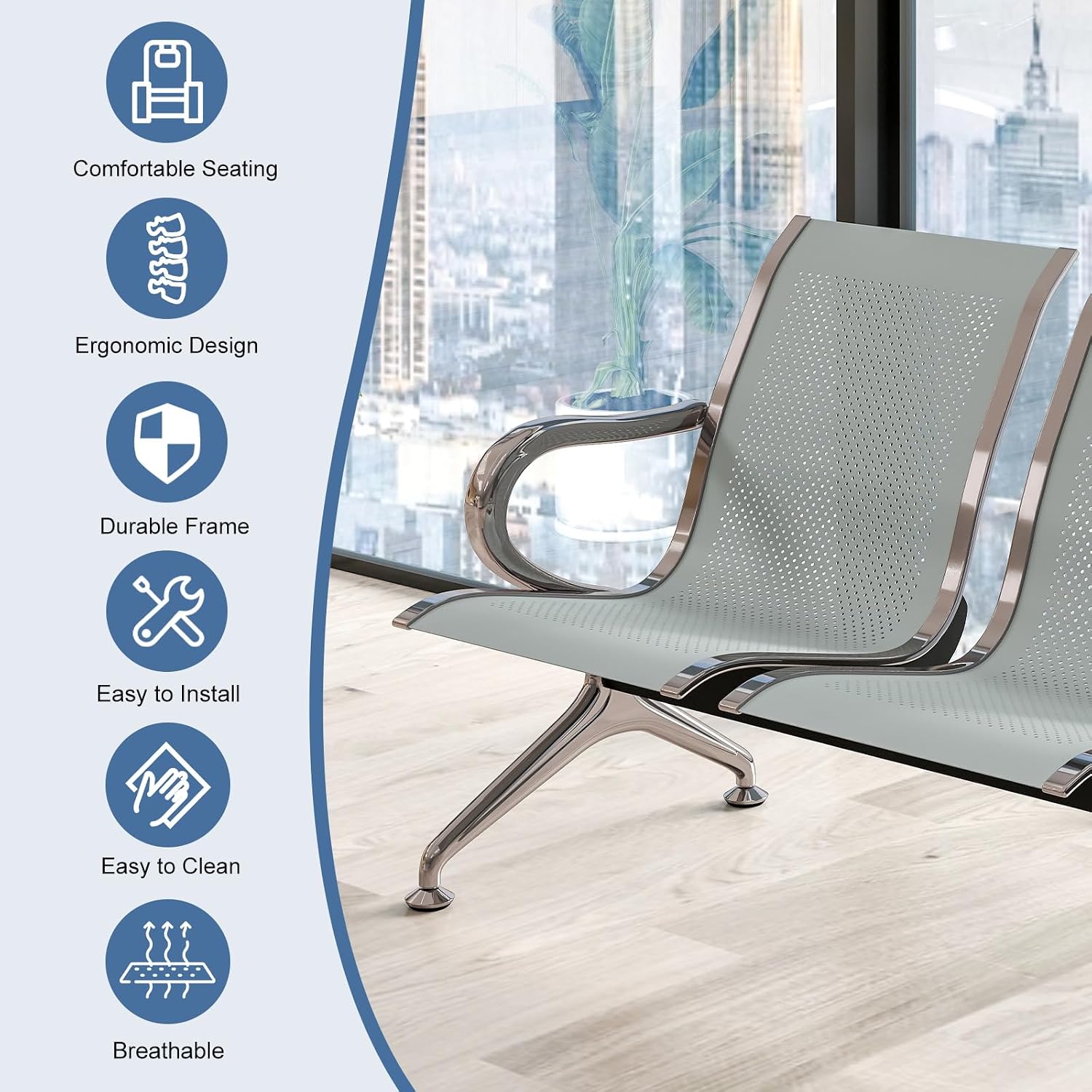 kinbor Waiting Room Chairs - Durable Reception Bench with Armrests, 2-Seat Office Reception Guest Chairs for Office, Hospital, Airport, Bank & Lobby (Gray, Set of 2)