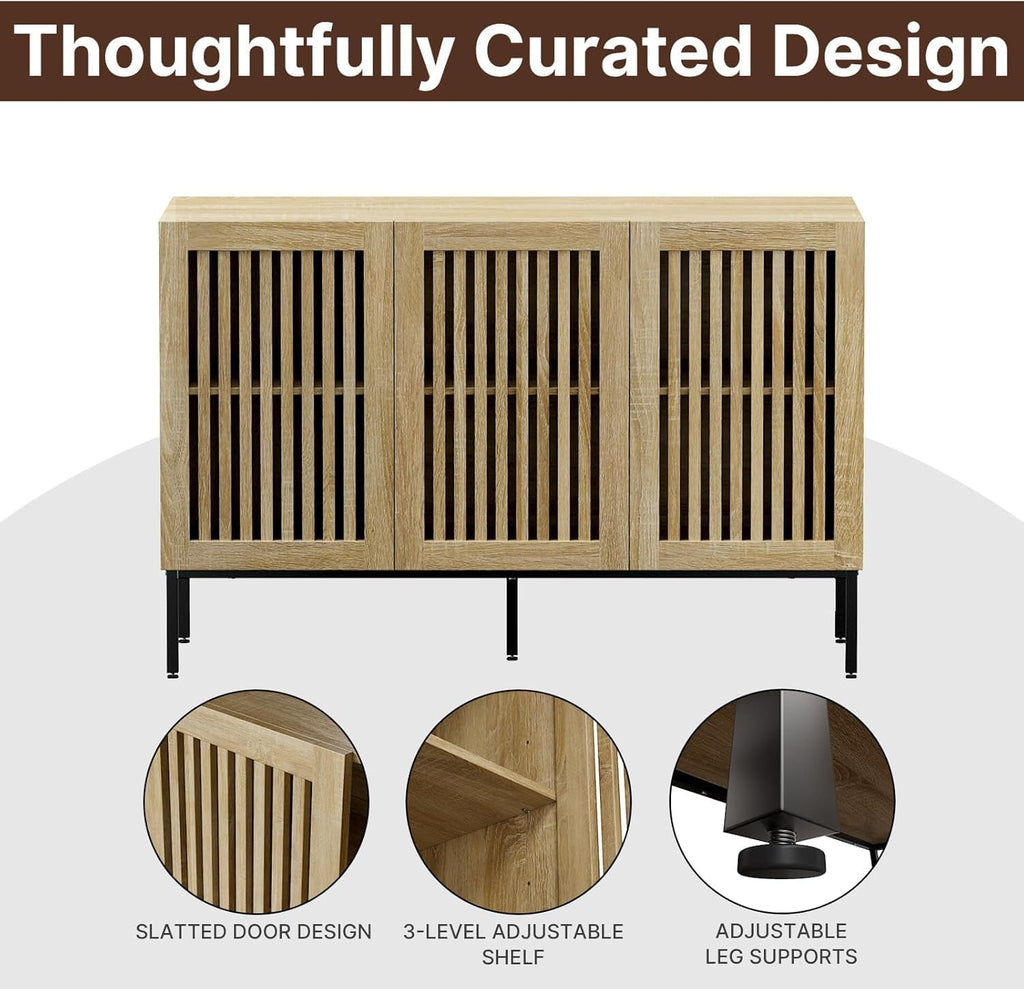 BVIUNTWO 75" Farmhouse Buffet Cabinet, Large Storage Sideboard with Adjustable Shelves & Metal Base, 3-Door Coffee Bar Cabinet for Kitchen/Dining/Living Room, Oak