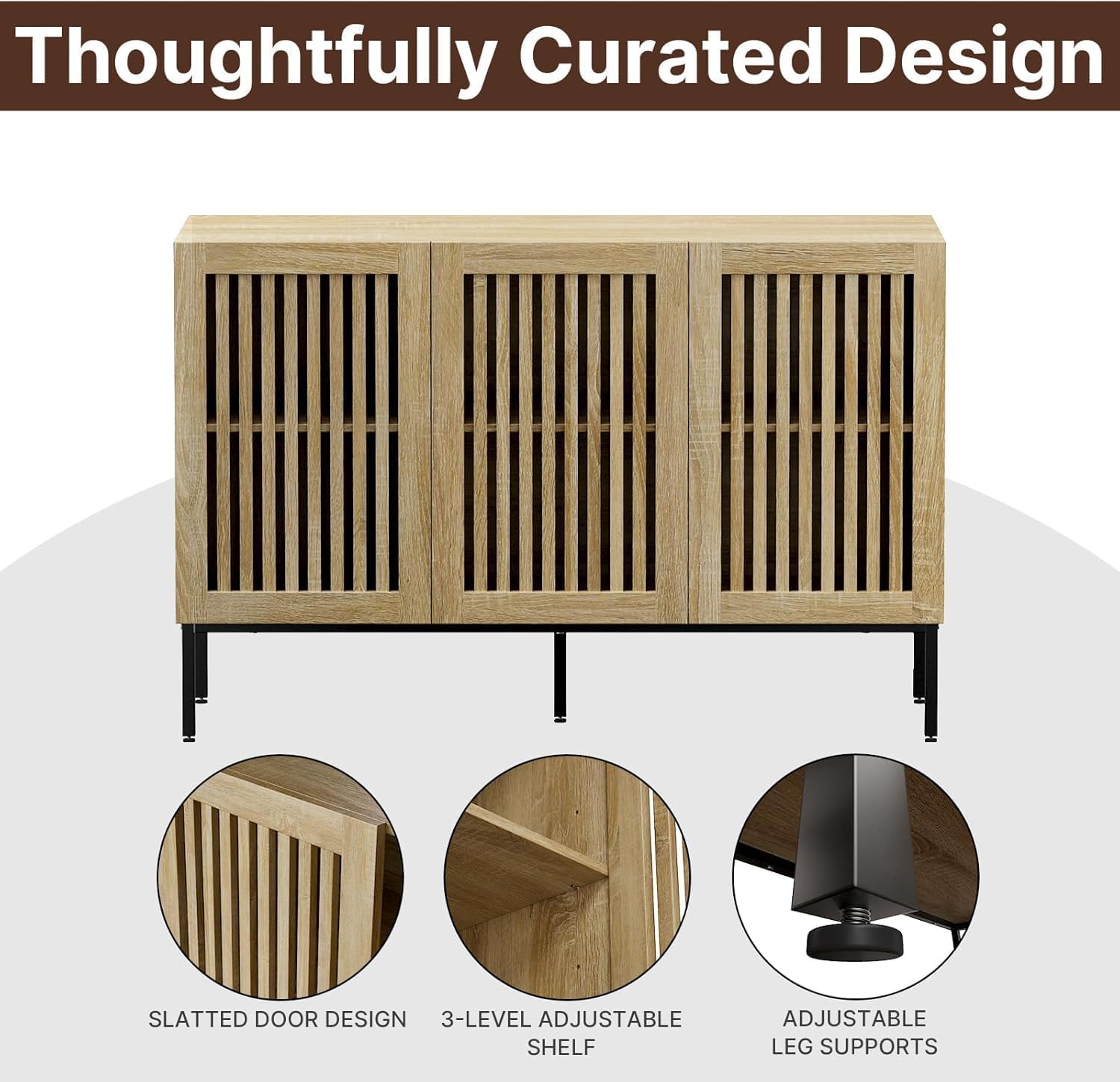 BVIUNTWO 75" Farmhouse Buffet Cabinet, Large Storage Sideboard with Adjustable Shelves & Metal Base, 3-Door Coffee Bar Cabinet for Kitchen/Dining/Living Room, Oak