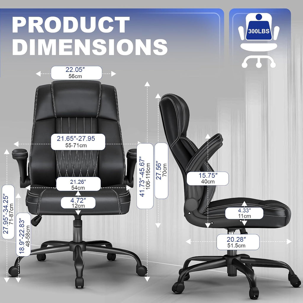 Executive Office Chair with Lumbar Support, High-Back Leather Ergonomic Computer Desk Chair with Flip-Up Arms, Height Adjustable and 360° Swivel, Rocking Function, for Home and Office, Black
