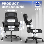 Executive Office Chair with Lumbar Support, High-Back Leather Ergonomic Computer Desk Chair with Flip-Up Arms, Height Adjustable and 360° Swivel, Rocking Function, for Home and Office, Black