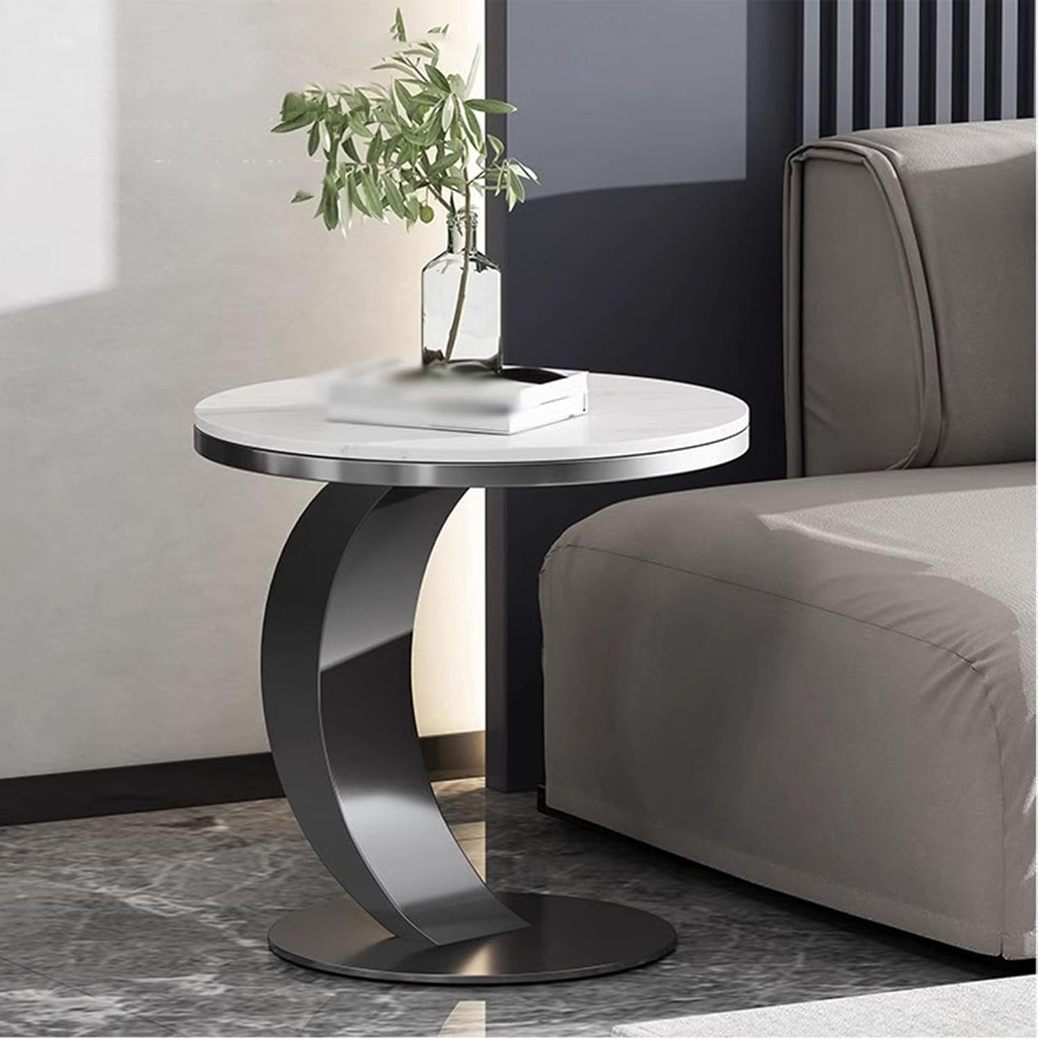 Modern C-Shaped Side Table, Sintered Stone Top & Sturdy Metal Frame, Minimalist Accent Table for Living Room Bedroom Sofa(A,40 * 55CM)