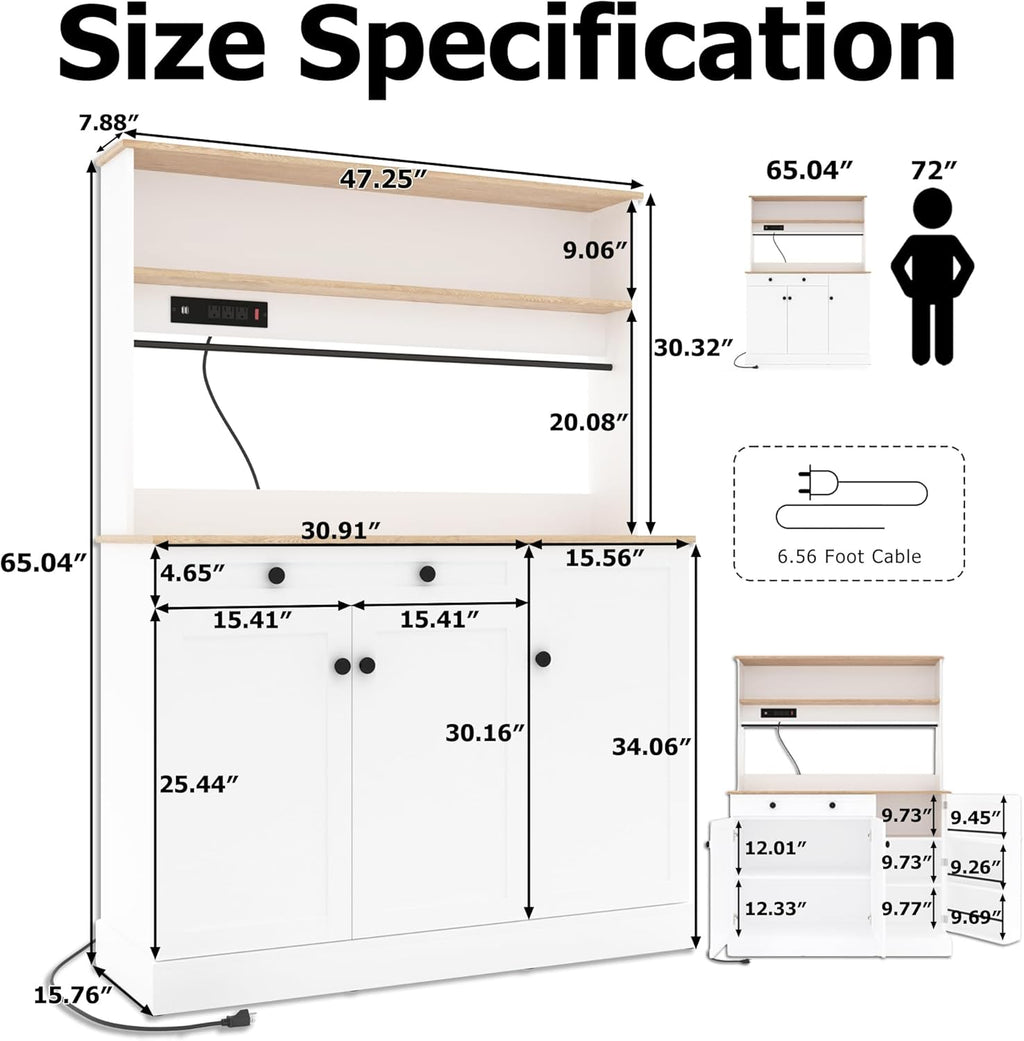 Kitchen Pantry Cabinet,Kitchen Hutch Cabinet with Power Outlets,Doors and Adjustable Shelves,Freestanding Food Pantry with Large Storage Drawer for Dining Room, Living Room