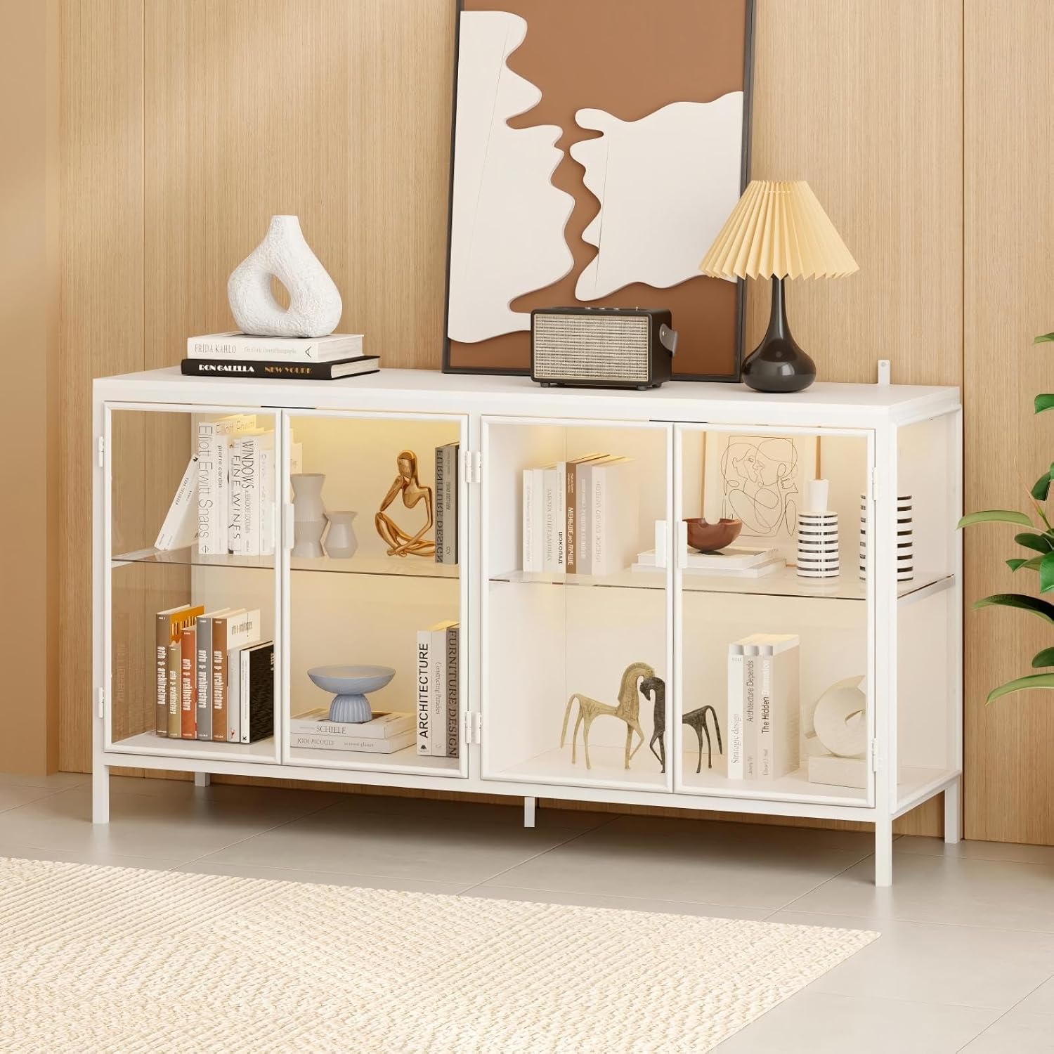 FUFU&GAGA Sideboard Buffet with LED Lights, Glass Doors, Modern Display Cabinet with Glass Shelves, White Cupboard Credenza with Metal Leg, for Living Room Kitchen, 55.1”W x 15.7”D x 29.5”H