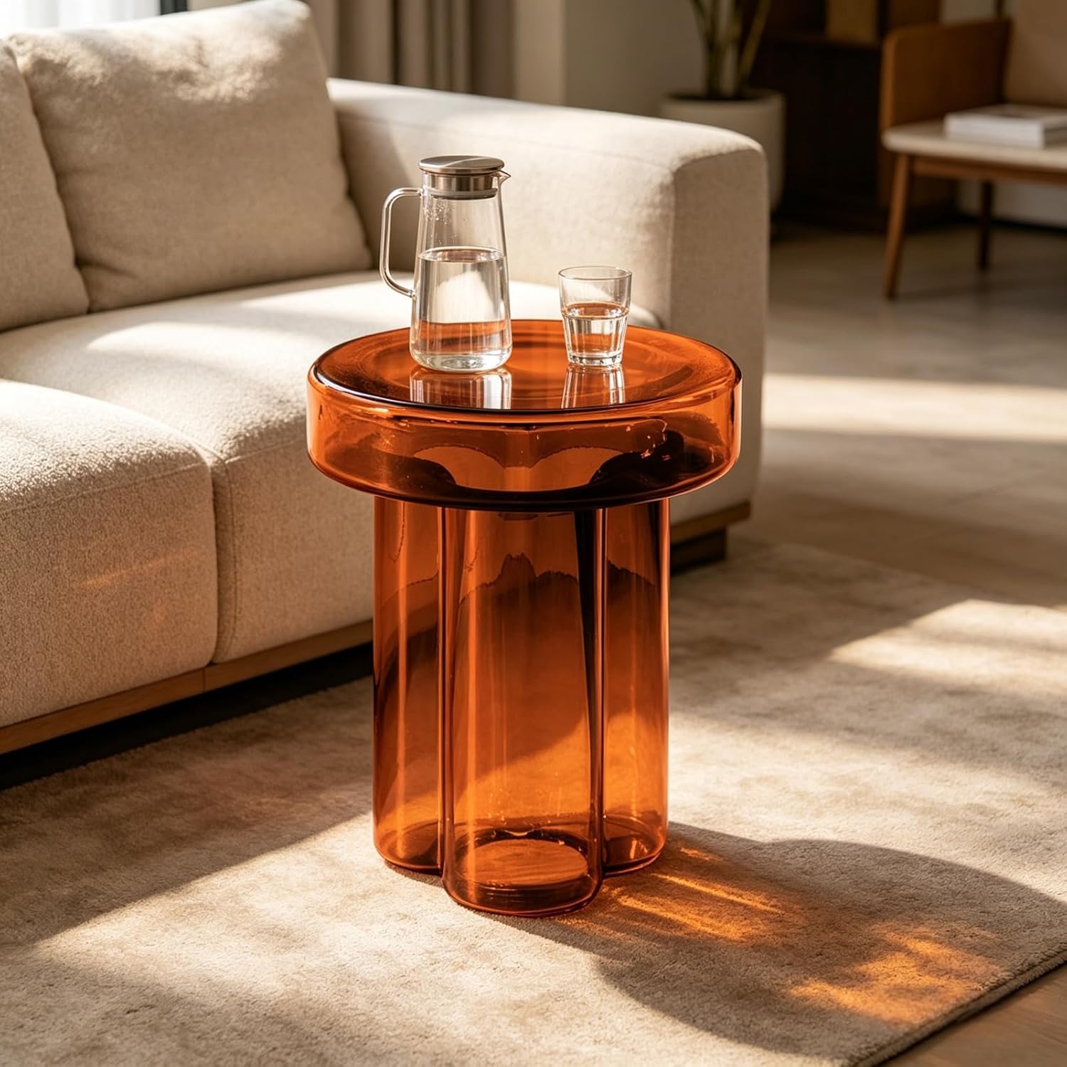 Hand Blown Tempered Glass Round Side Table Flame Shaped Modern End Table for Living Room Bedroom Office Small Space Accent Furniture
