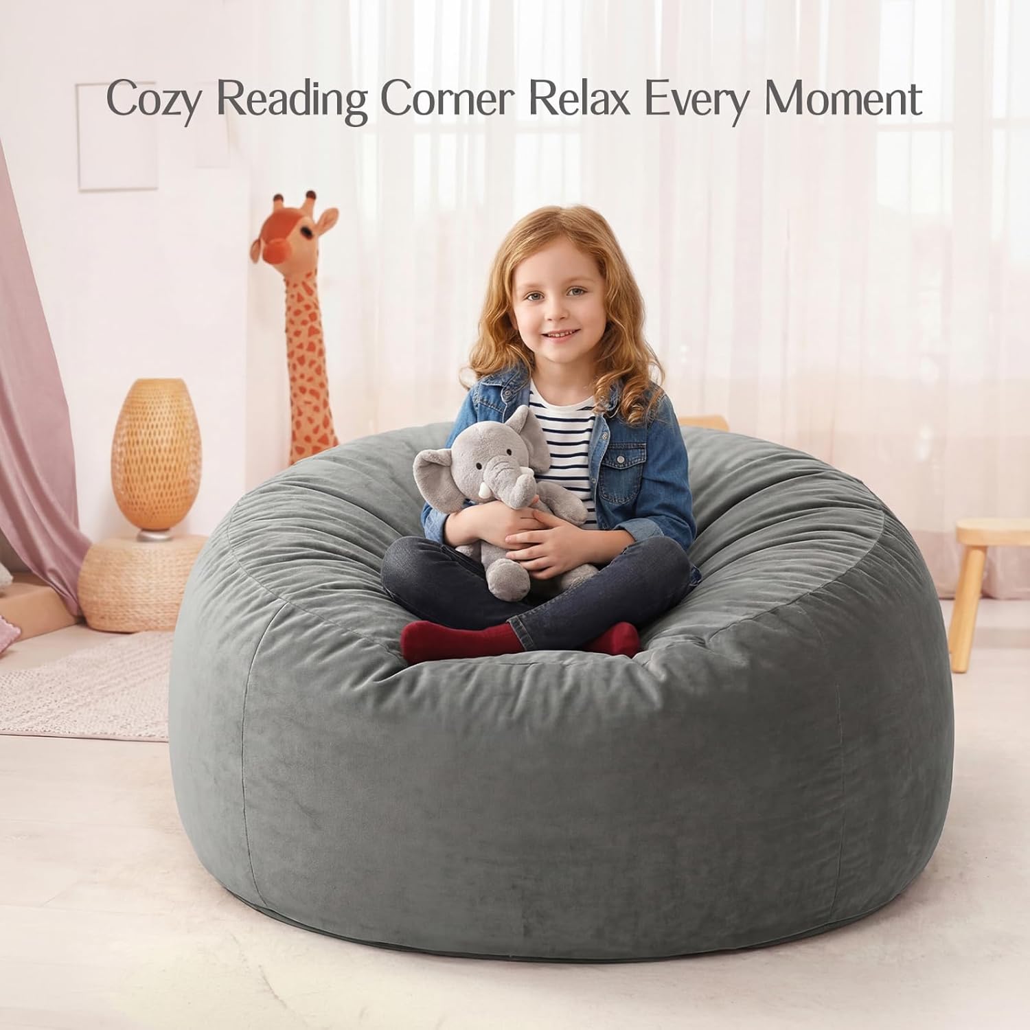 3FT Bean Bag Chair, Medium Memory Foam Bean Bags with Ultra Soft Washable Dutch Velvet Cover, BeanBags for Living Room, Bedroom and Gaming Room -Grey