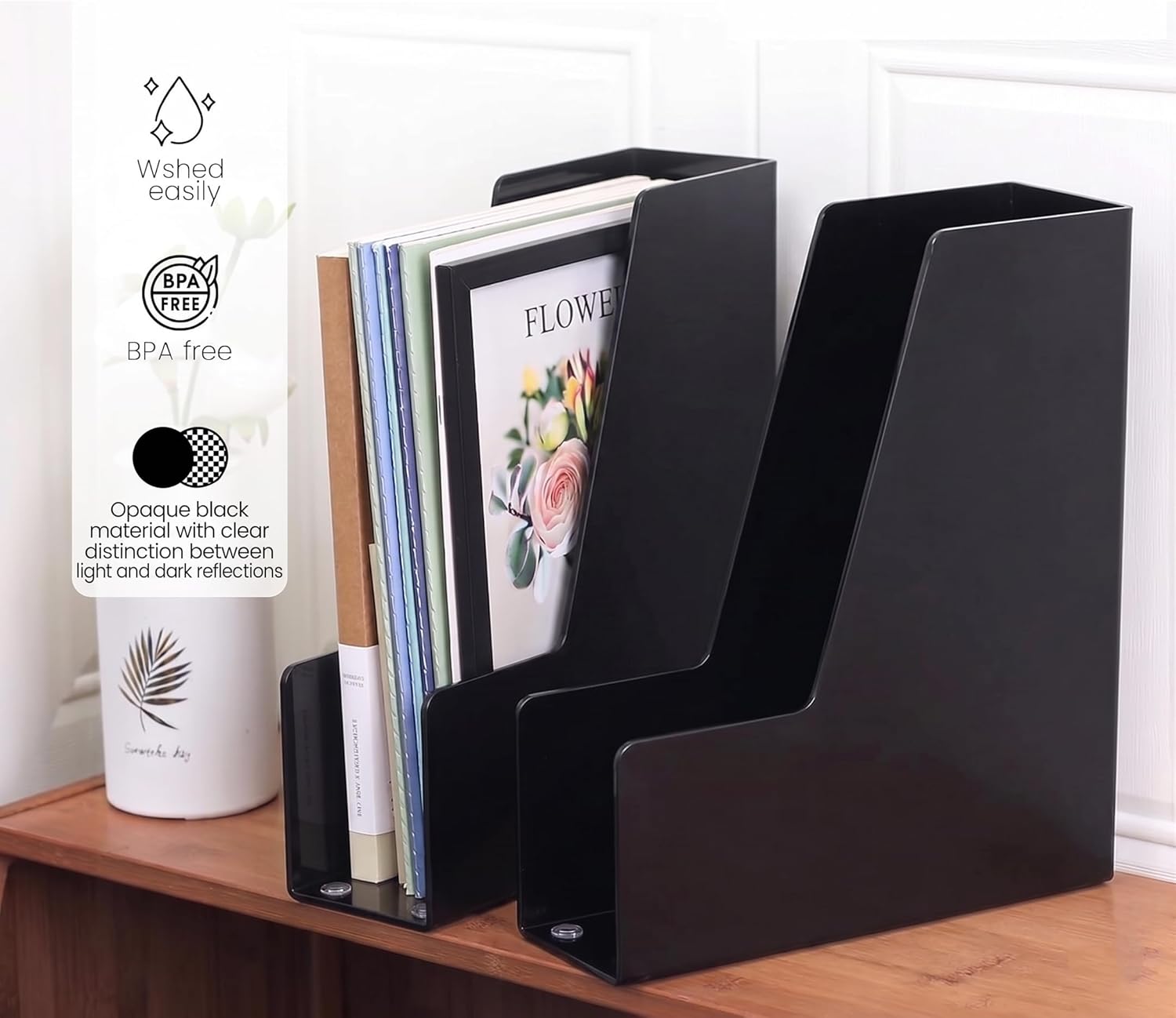 LALOBLUE 4 Pack Black Vertical Magazine File Holder Desk Organizer Bins | Plastic, Holds Magazines, Binders, Notebooks, Envelopes, 4 Pack Black Vertical Magazine File Holder Desk Organizer Bins