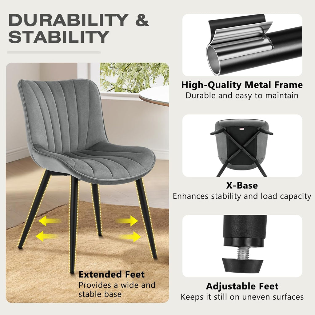 Velvet Dining Chairs Set of 2, Modern Upholstered Kitchen and Dining Room Chair with Ergonomic Back, Mid Century Armless Accent Side Chair with Metal Legs for Vanity Living Room Reception, Grey