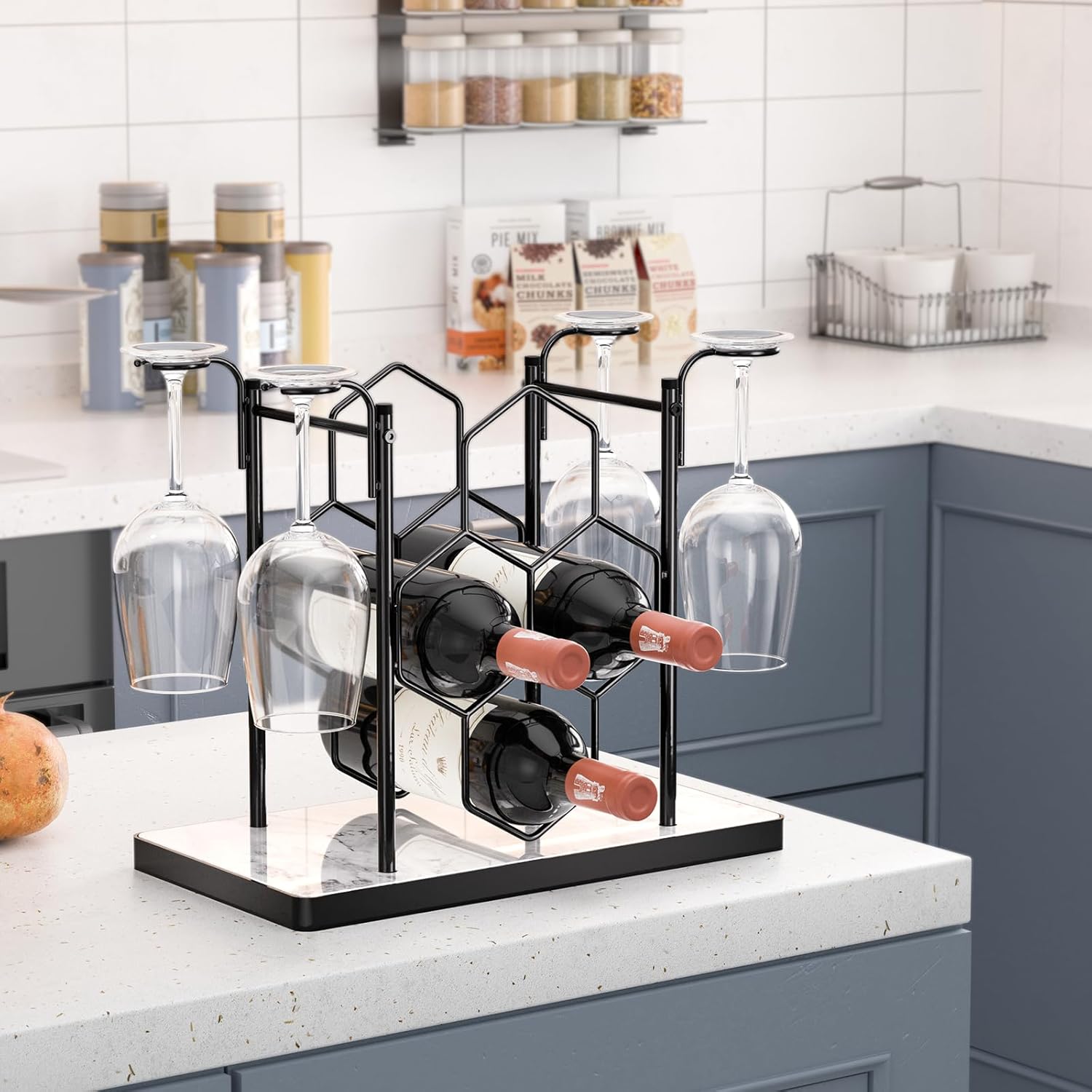Countertop Wine Rack,Freestanding Modern Metal Small Wine Rack for 4 Wine Bottles and 4 Glasses,3 Tier Tabletop Wine Holder Stand for Cabinet, Pantry, Wine Bottle Storage