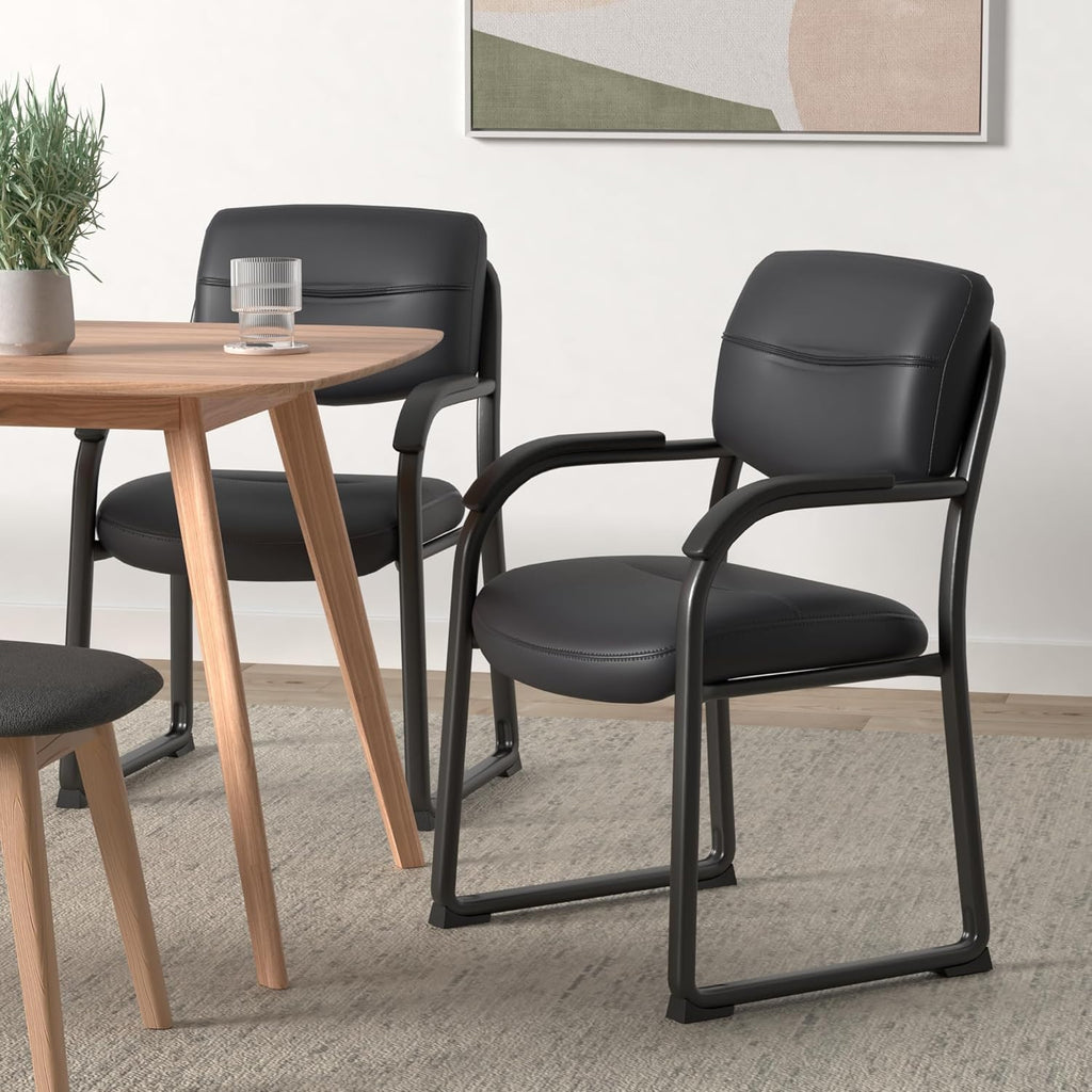 Boss Office Products Leather Sled Base Side Chair with Arms in Black (B9519)