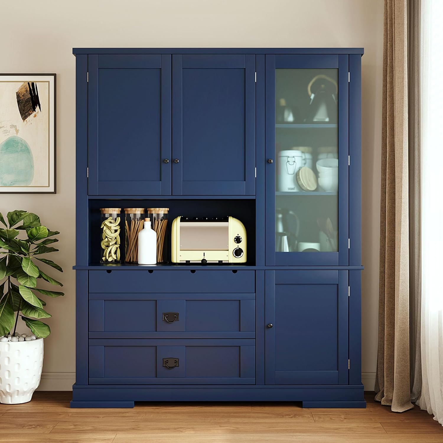 63.3" Traditional Freestanding Buffet Hutch with Storage Shelves & Organizer, Large Kitchen Pantry with Workstation (Blue17)
