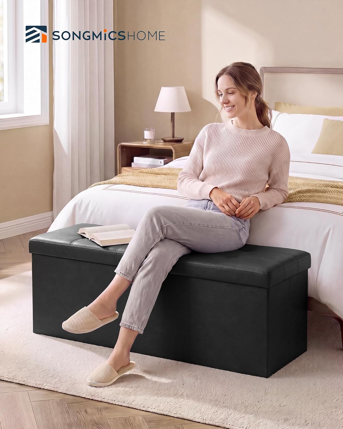SONGMICS HOME Foldable Foot Rest Stool, Storage Ottoman, Tufted Design, PU Leather, for Entryway, Living Room, 43.2 Inches, Black