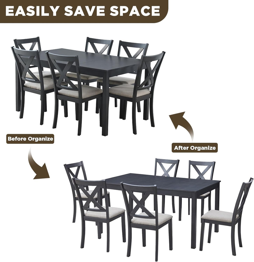 LUXOAK 7-Piece Solid Wood Dining Table Set, 60" Farmhouse Dining Table with 6 Chairs, Rectangular Table Set for 6, Kitchen & Dining Room Furniture, Grey & White