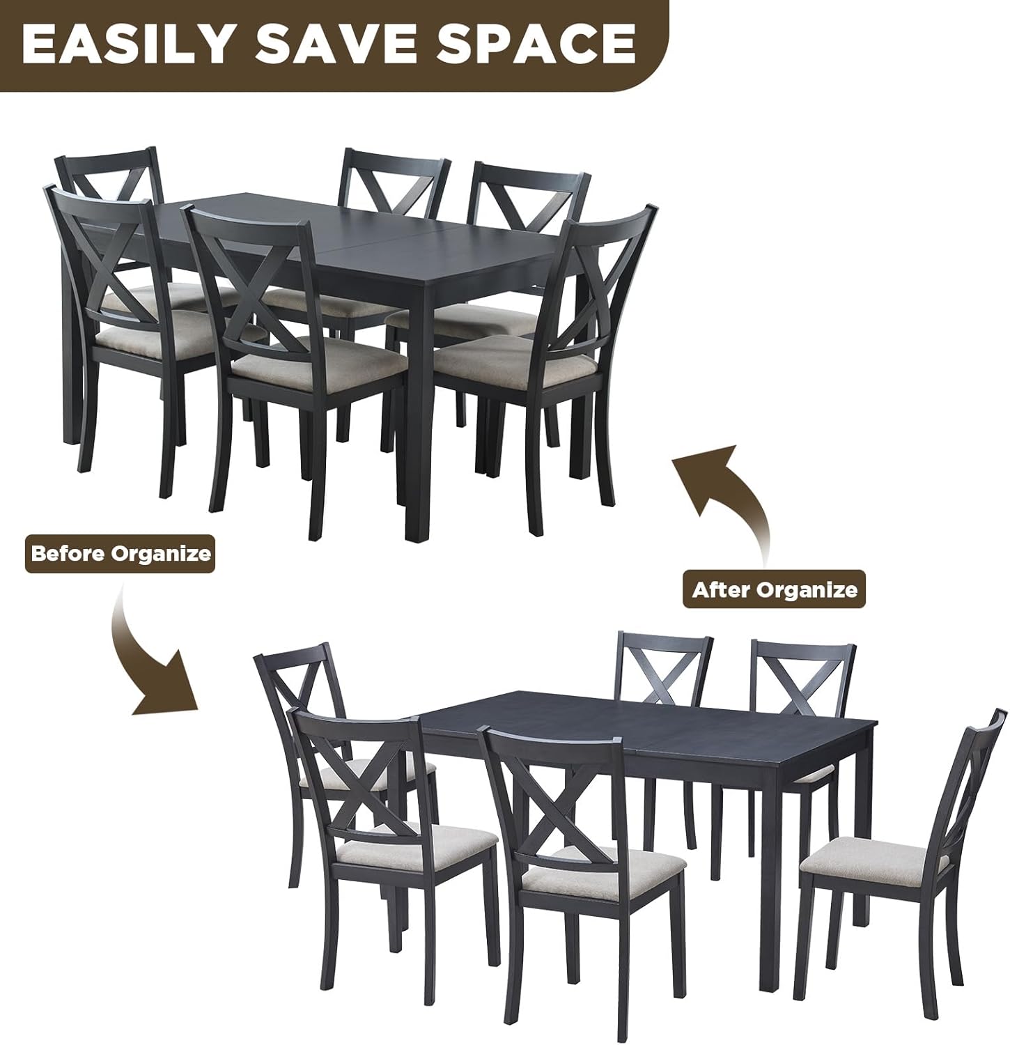 LUXOAK 7-Piece Solid Wood Dining Table Set, 60" Farmhouse Dining Table with 6 Chairs, Rectangular Table Set for 6, Kitchen & Dining Room Furniture, Grey & White