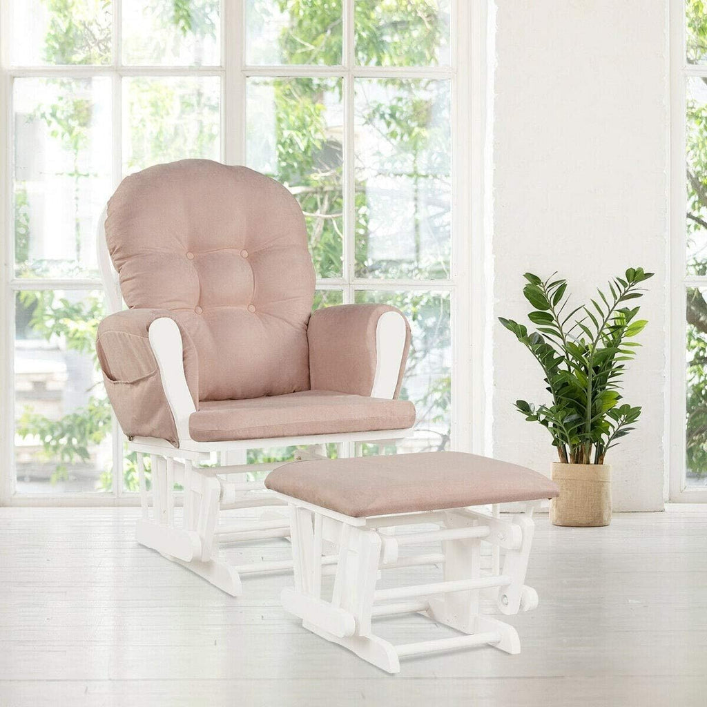 Nursery Rocking Chairs Nursery Glider Rocking Chair Wood Baby Rocker with Ottoman Cushion Upholstered Nursing Chair with Padded Arms (Pink)