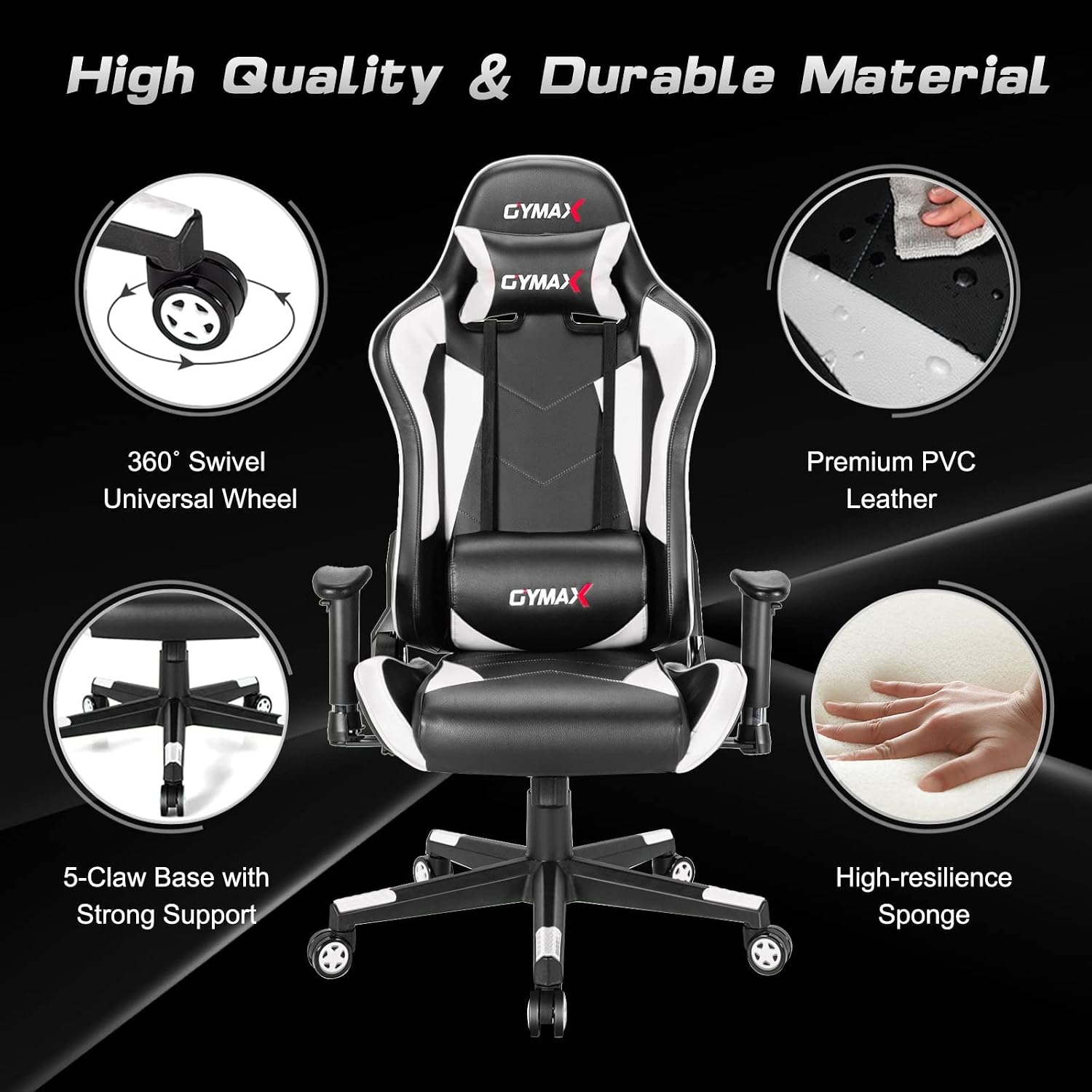 GYMAX Computer Gaming Chair, Racing Style Office Chair with Adjustable Lumbar Support Headrest, 360° Swivel, Height Adjustable Ergonomic Reclining Gaming Chair for Home Office Leisure Room (White)