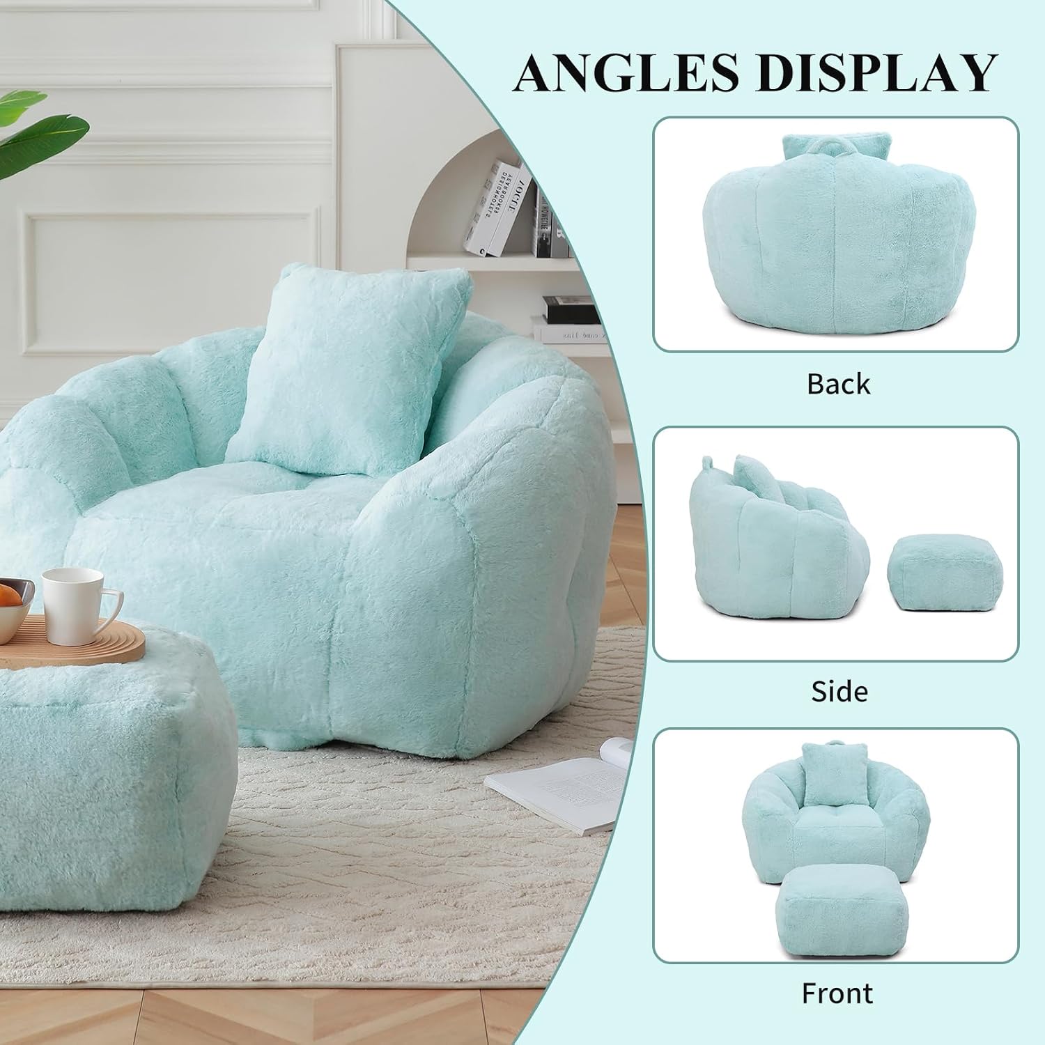 Bean Bag Chair for Adults, Faux Fur Upholstered Beanbag Chair with Shell-Shaped Design, Comfy Bean Bag Sofa with Pillow and Footstool, Floor Sofa Chair for Bedroom (Light Blue)