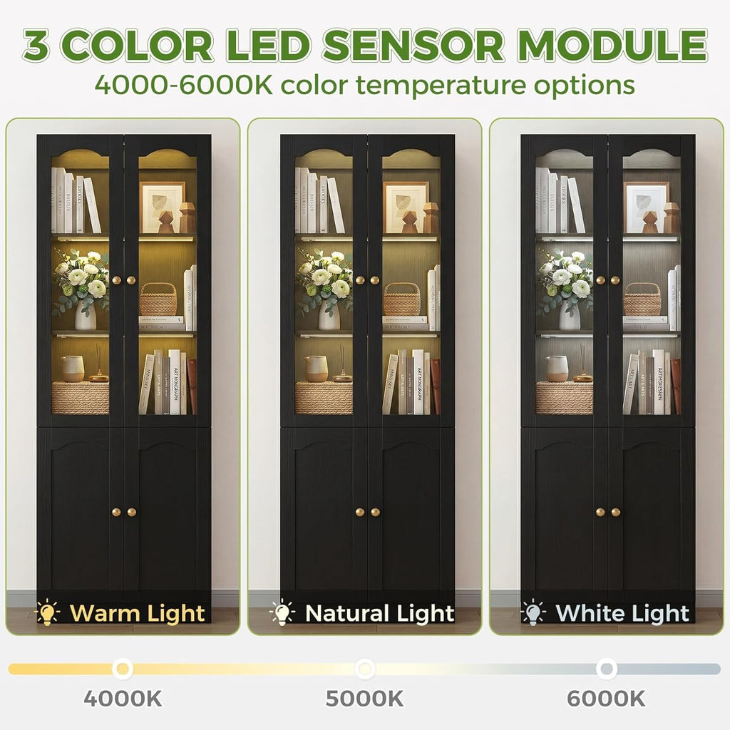 Cyclysio 80" Tall Pantry Cabinet with Arched Glass Doors and Lower Storage Cabinet, 2 Set Black Kitchen Pantry Storage Cabinet with Interior Motion Sensor Light, Adjustable Shelf, Baseboard Cutout