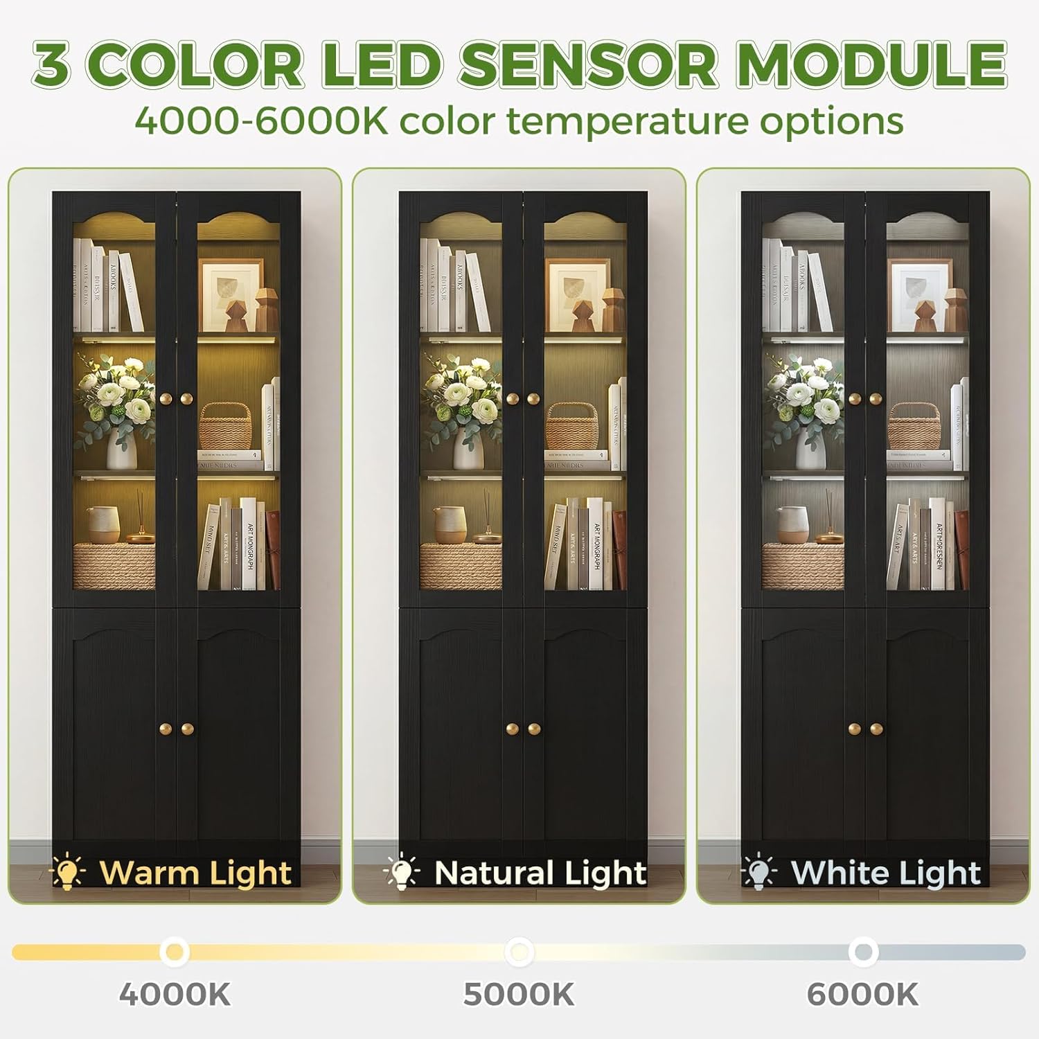 Cyclysio 80" Tall Pantry Cabinet with Arched Glass Doors and Lower Storage Cabinet, 2 Set Black Kitchen Pantry Storage Cabinet with Interior Motion Sensor Light, Adjustable Shelf, Baseboard Cutout