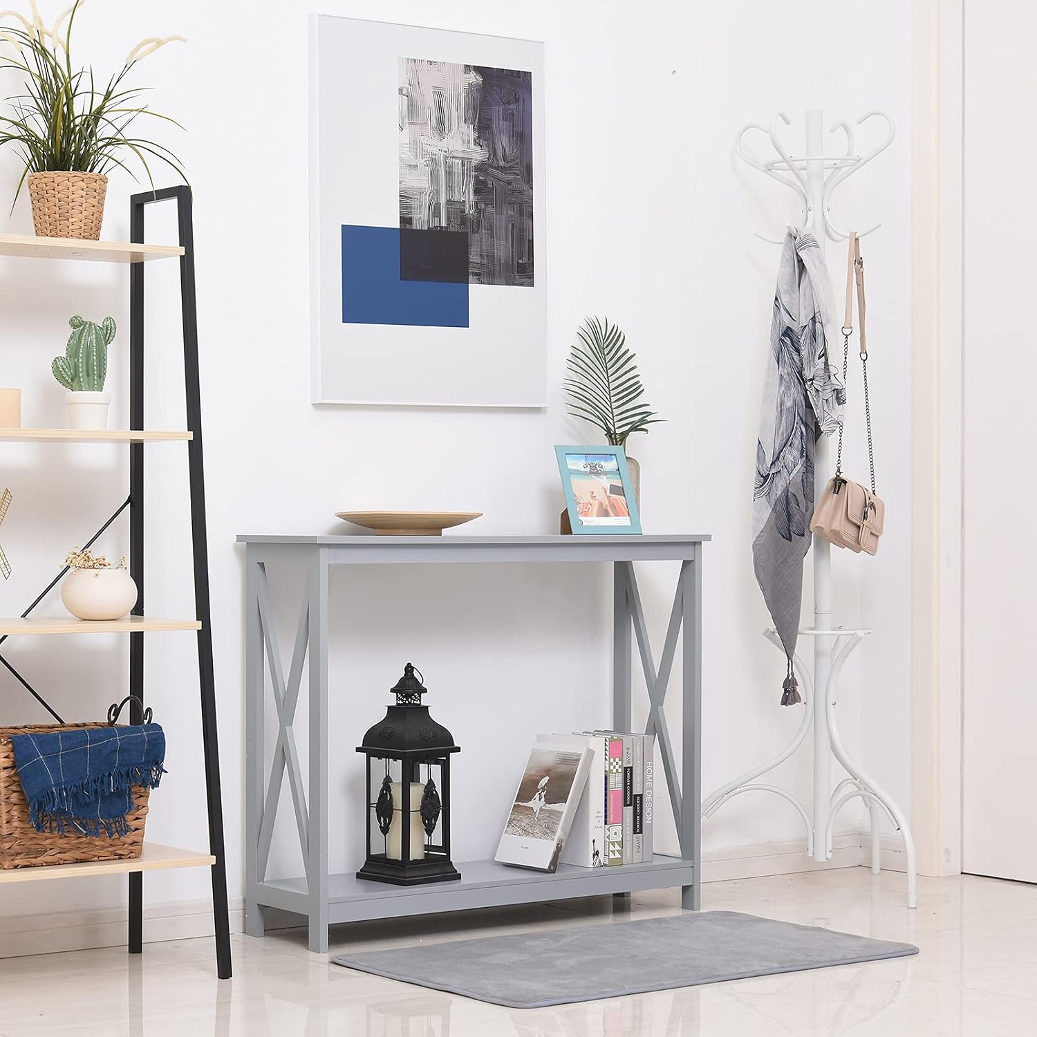 2 Tier Console Table, Sofa Side Table with Storage Shelf, X for Entryway, Living Room, and Hallway, Grey