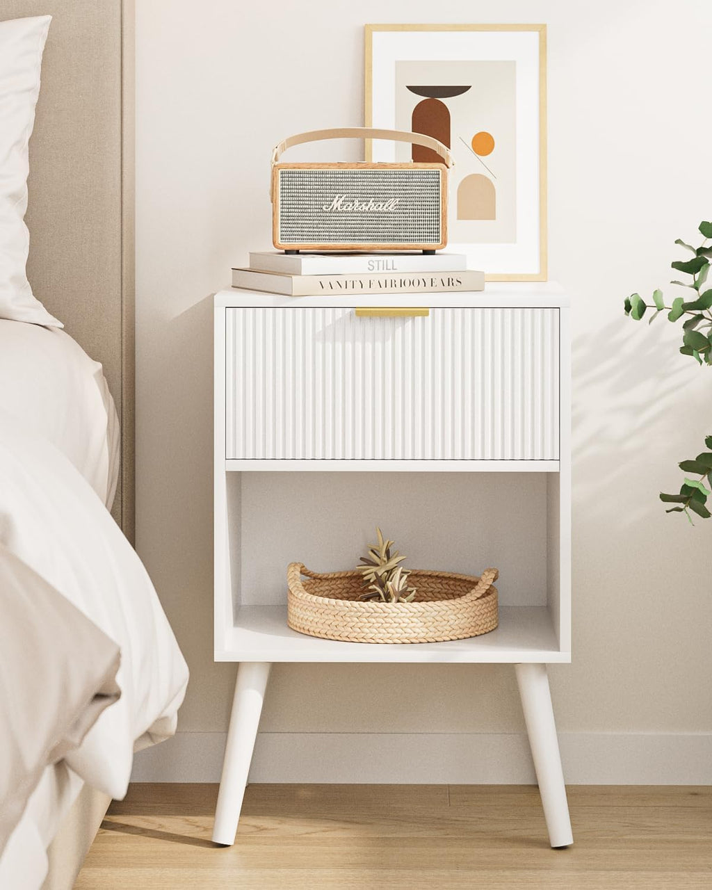 Aienvey Nightstand, Small Side Table, Bedside Table with Drawer, Modern Night Stand, End Table for Bedroom, Living Room (White Stripe)
