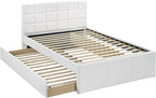 Full Size Bed w, Trundle Slats White Faux Leather Upholstered Plywood Youth Bedroom Furniture Wooden Slats
