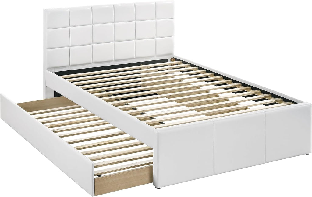 Twin Size Bed w, Trundle Slats White Faux Leather Upholstered Plywood Youth Bedroom Furniture Wooden Slats 1pc Bed