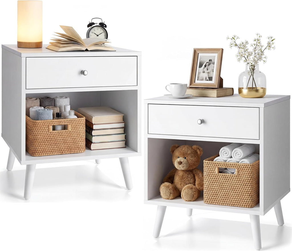 Modern Nightstand with Drawer, White Night Stand with Storage Shelf 2 Tier Bedside Table for Small Spaces Wooden End Table Mid Century Side Table for Bedroom Living Room Nursery