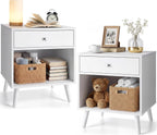 Modern Nightstand with Drawer, White Night Stand with Storage Shelf 2 Tier Bedside Table for Small Spaces Wooden End Table Mid Century Side Table for Bedroom Living Room Nursery