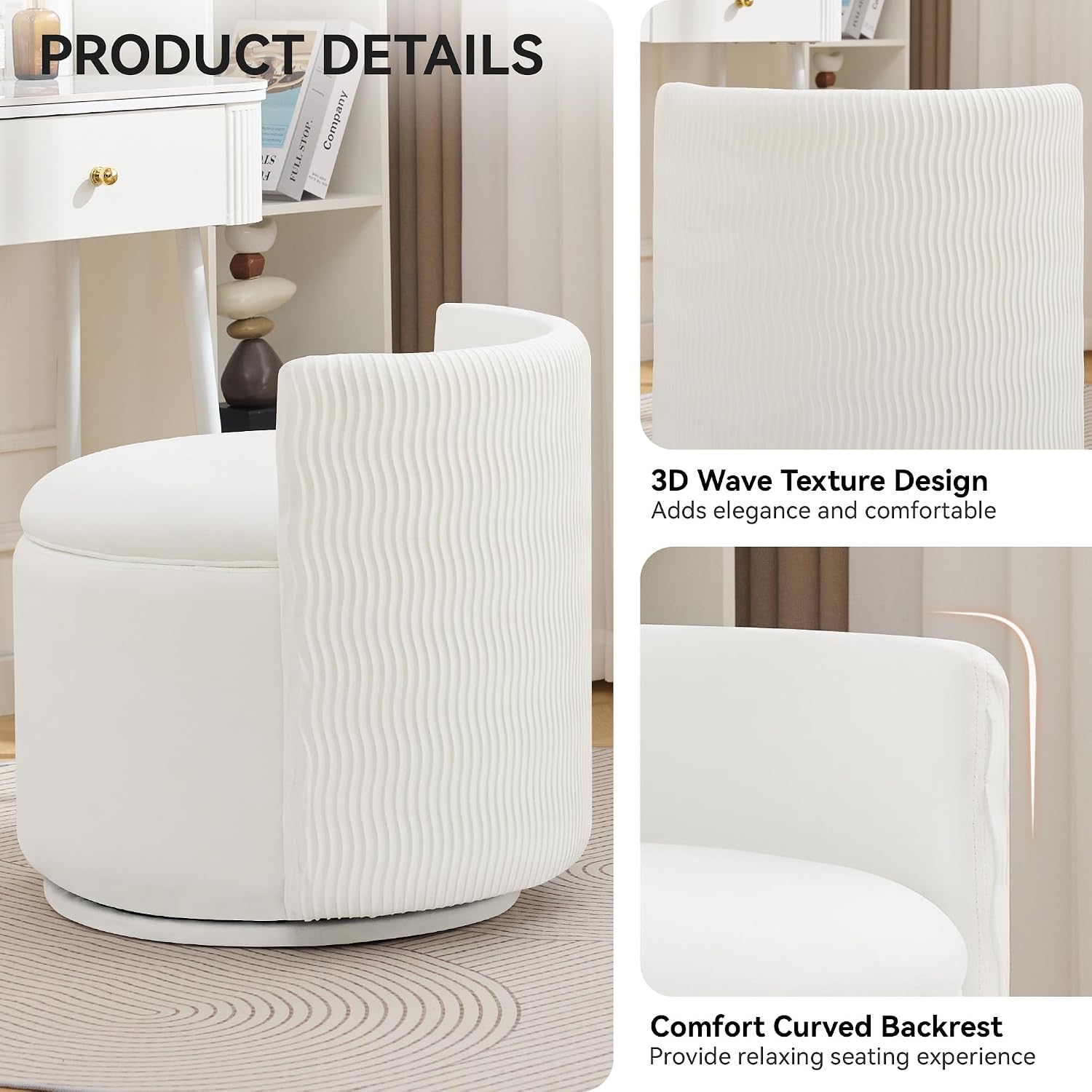 WUTUTUEE Large Velvet Vanity Chair with Storage, 360° Swivel Makeup Chair with Wave Back, No Assembly Small Accent Stool for Bedroom, Dressing, Living Room, White