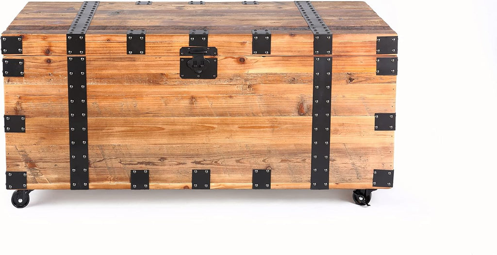 NewCosmos Vintage Reclaimed Fir Wood Storage Trunk – Rustic Charm with Black Metal Accents – No Assembly Required, Optional Wheels Included