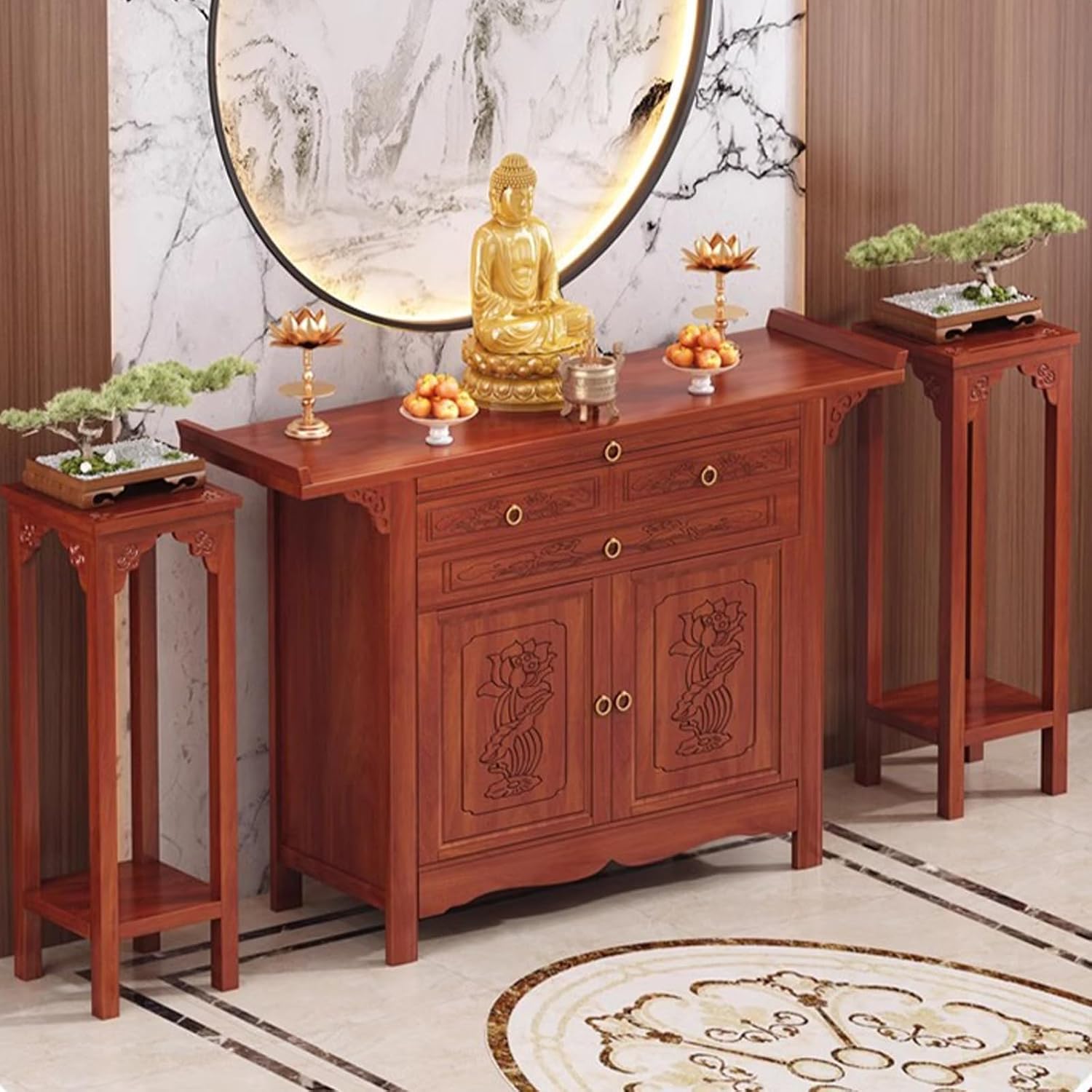 Large-Capacity Prayer Cabinet, Altar Table with Drawers, Solid Thickened Bamboo Board with Retro and Elegant Chinese carvings, Suitable for Entrance, Living Room, Bedroom 68cm
