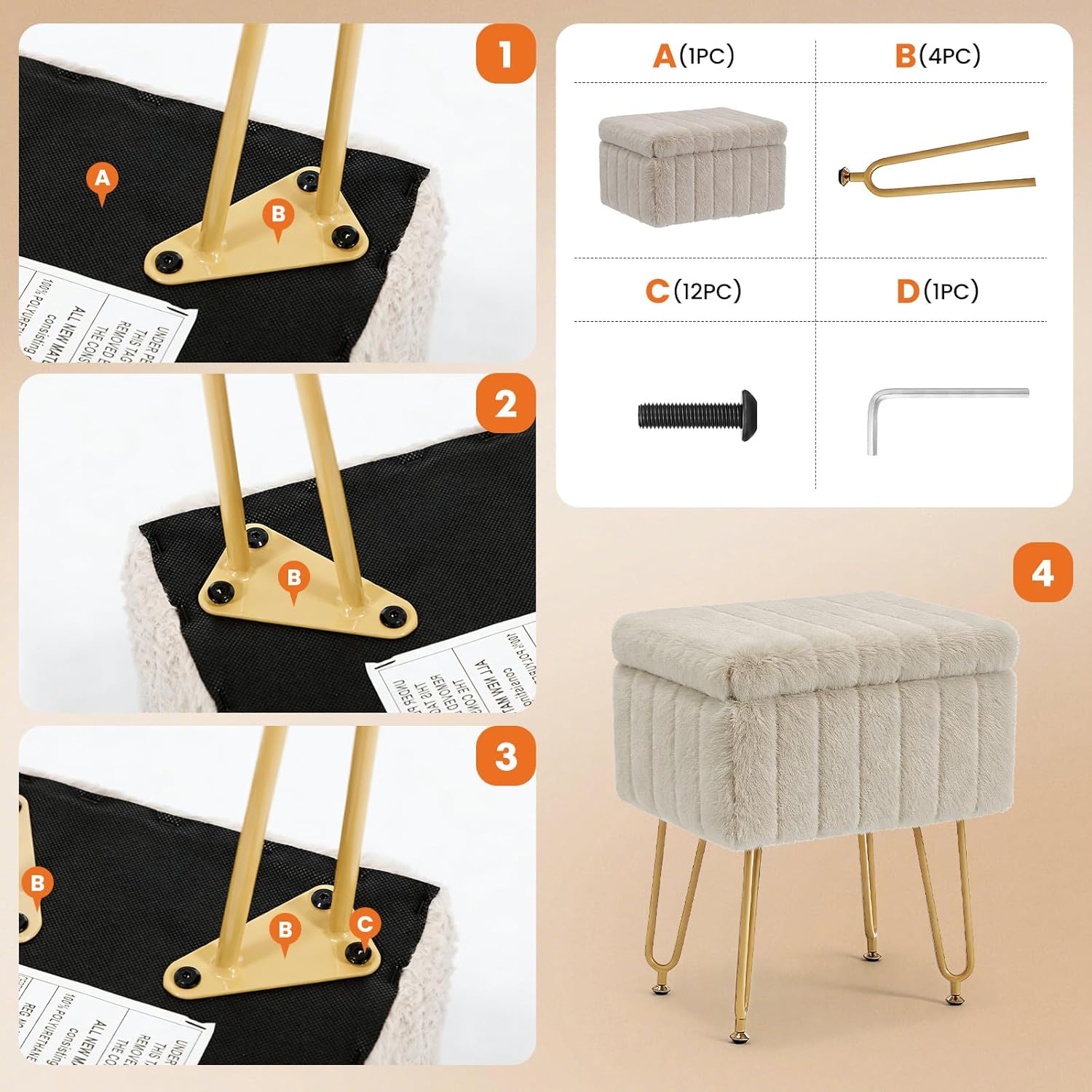 DUMOS Vanity Stool Chair with Storage, Small Ottoman Faux Fur Soft Padded Footstools Seat with 4 Metal Legs Anti-Slip Adjustable Feet Modern Footrest for Home Entryway Bedroom Makeup Camel