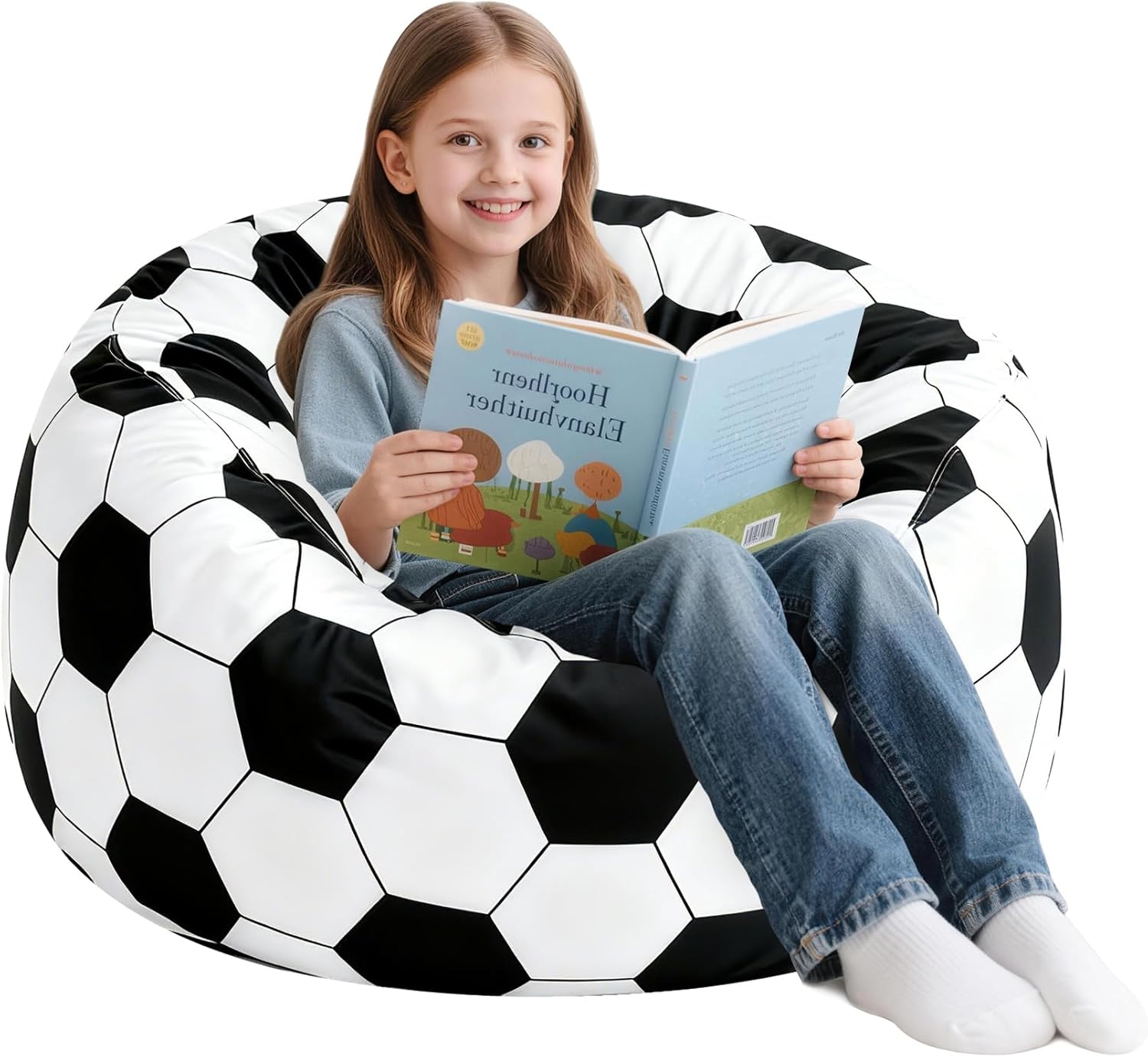 2.5 Ft Soccer Bean Bag Chair for Kids with Memory Foam Filling, Bean Bag Chair with Soft Velvet Cover, Bean Bag Sofa Couch for Living Room, Birthday Gift for Boys Girls, X-Large