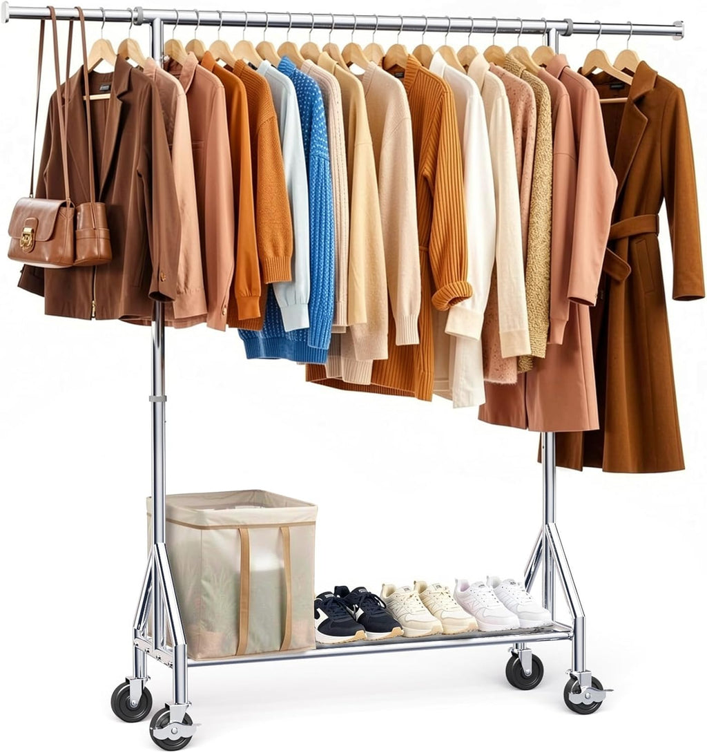 TigerParty Heavy Duty Clothes Rack for Hanging Clothes, Rolling Garment Rack, Adjustable Free Standing Organizer with Wheels, Space-Saving Design for Bedroom Laundry Living Room (Silver)