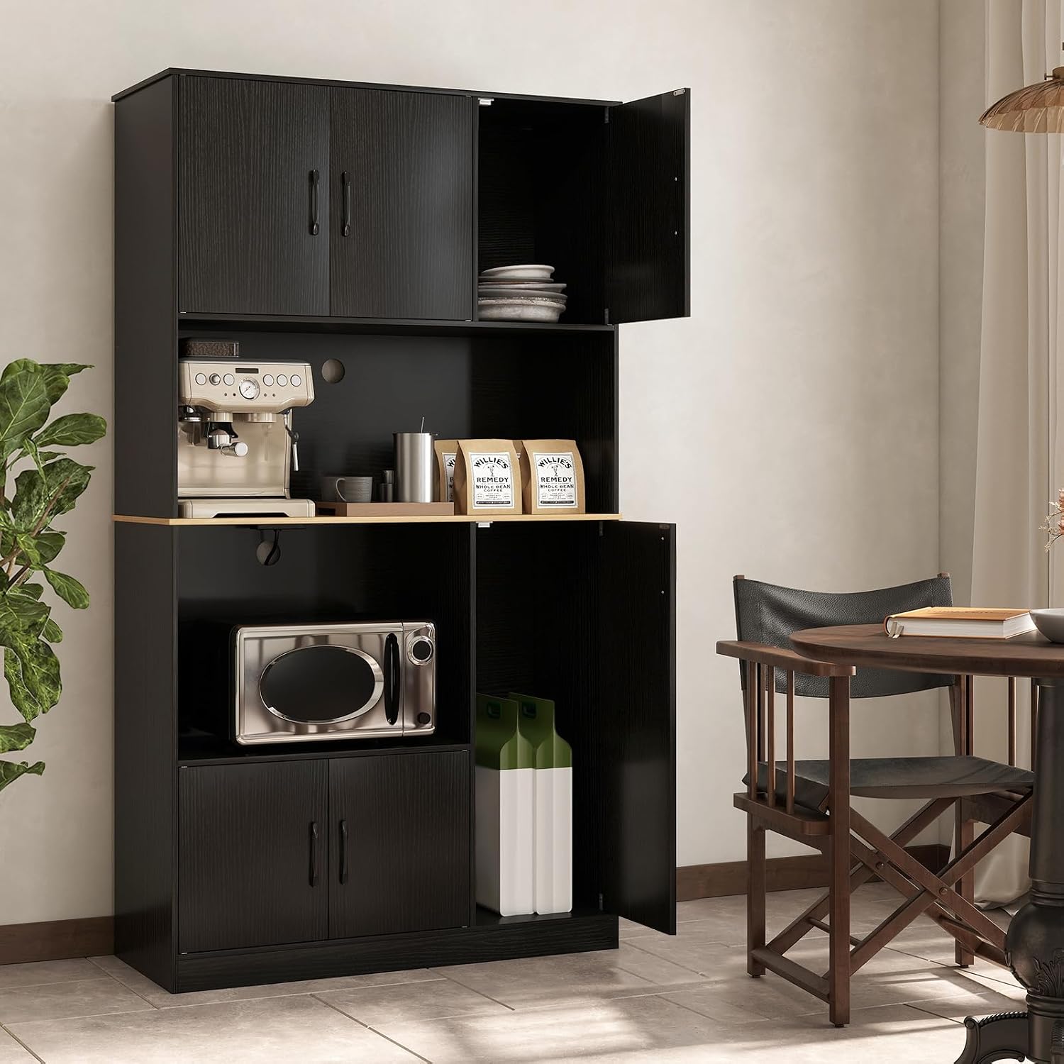 LOKO 71” Tall Kitchen Pantry Cabinet with Charging Station, Wooden Buffet Cupboard Sideboard with Microwave Stand & Doors, Modern Storage Cabinet for Dining Room, Living Room (Black)