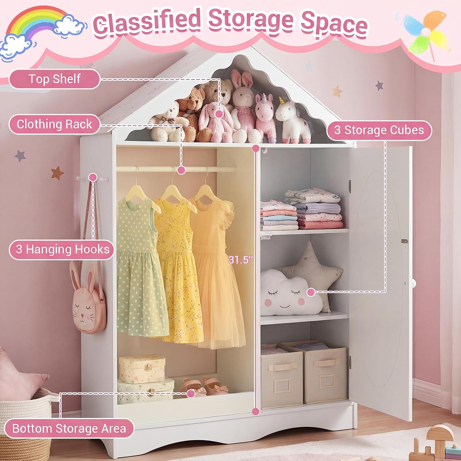 Costzon Kids Dress Up Storage with Mirror, Roofed Wardrobe Closet with Open Hanging Rack, Shelves & Hooks for Children, Kids Armoire & Costume Organizer for Bedroom (White)