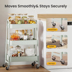 DUMOS 3 Tiers Metal Rolling Utility Cart with Lockable Wheels, Mobile Storage Organizer, Utility Shelving Unit for Kitchen, Office, Bathroom, Laundry, Narrow Places, Light Green