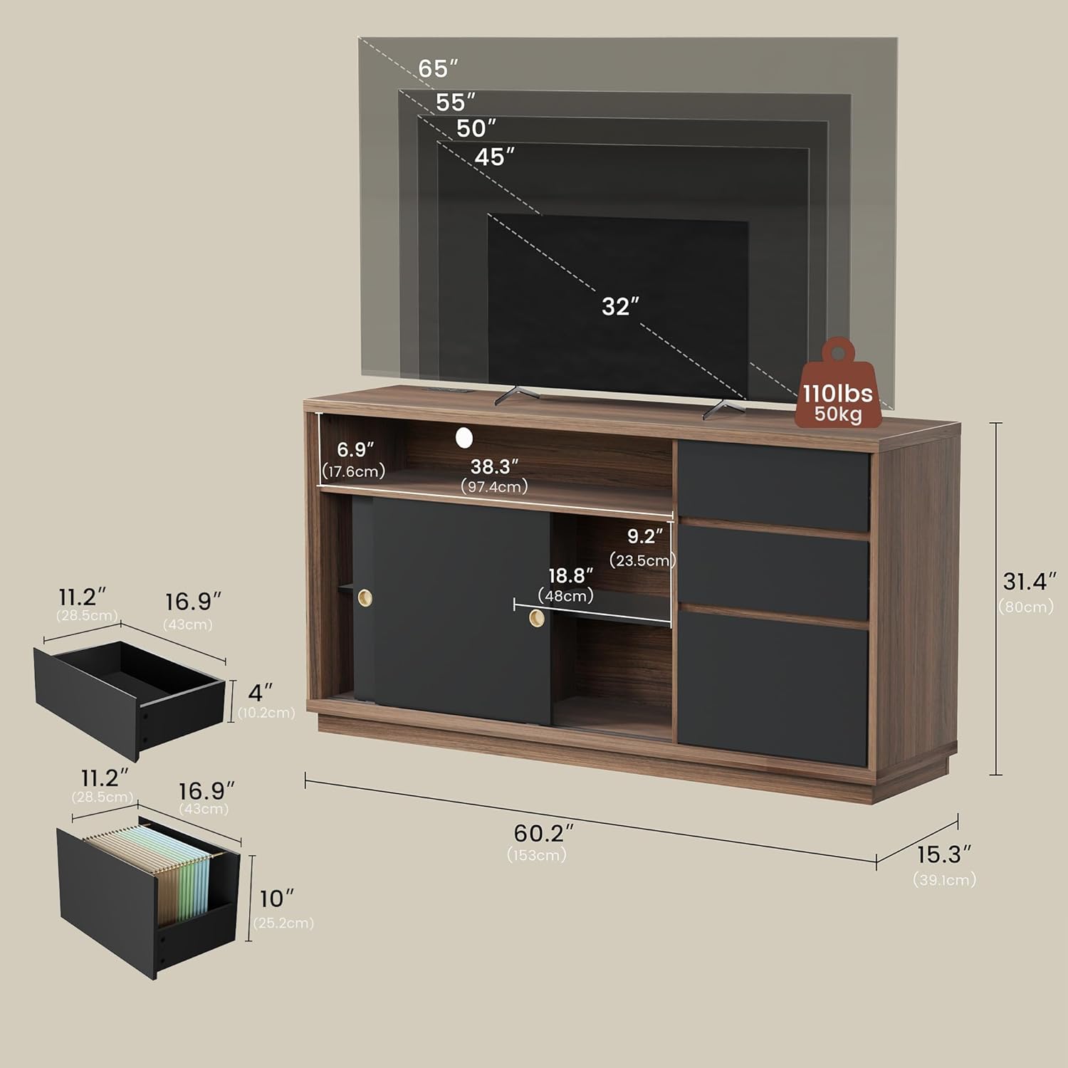 ModernMate 60" File Cabinet with 3 Drawer, Large Storage Sideboard, Filing Cabinet with Built-in Outlet and Adjustable Shelf for Living Room Study Home Office, 15.4" D x 60.2" W x 31.5" H