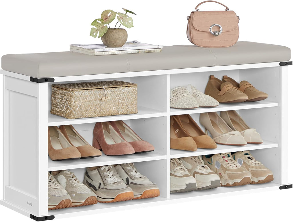 VASAGLE LIRY Collection - Shoe Storage Bench with Removable Cushion, Shoe Rack with Padded Seat, Entryway Bench with 6 Open Compartmens, Adjustable Shelves, Cloud White ULSB105W01