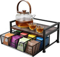 Tea Bag Organizer, Wooden Tea Storage Box with Metal Drawer, 8-Compartment Tea Bag Holder, Tea Station Display Case for Countertop Kitchen, Office, Pantry